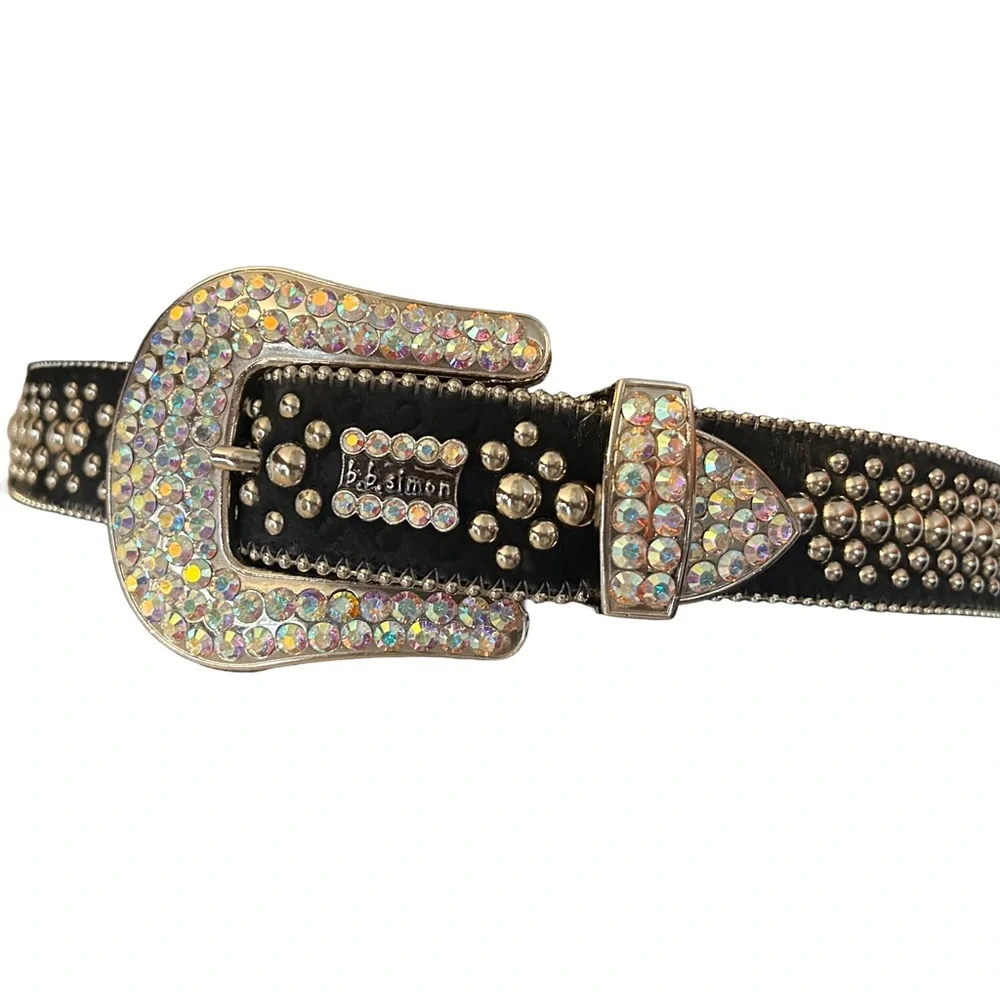 B.B. Simon M6000 Black Leather Belt with Silver and Iridescent Accents - Picture 8 of 12